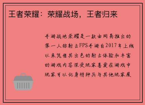 王者荣耀：荣耀战场，王者归来